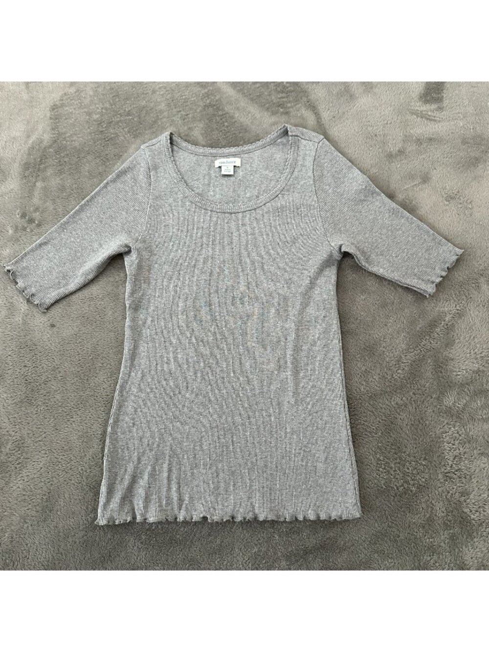 Sundance Gray Ribbed Lettuce Hem Tee Shirt Women's SMALL Scoop Neck